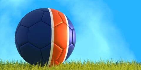 Football ball textured by FC Cincinnati american soccer team uniform colors. Green grass of football field. 3D render