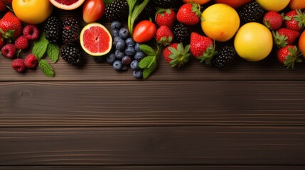 Fresh fruits and berries on wooden table. Top view with copy space