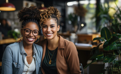 Two woman smiling on a table in a living room, in the style of industrial design, human connections