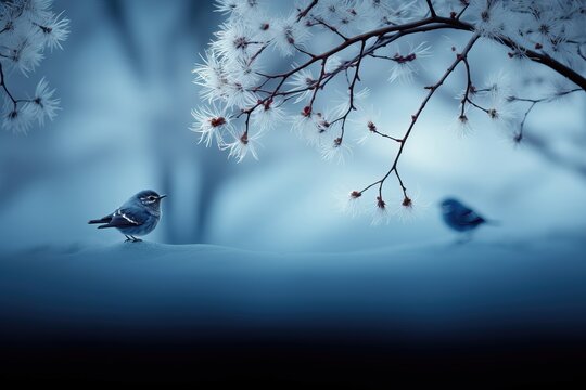 A delightful background image for creative content in the New Year, featuring a little blue bird perched on snow with a softly blurred background. Photorealistic illustration, Generative AI