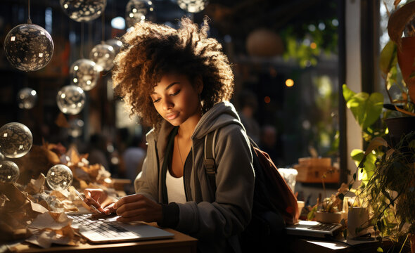 An black woman smiling on a table in a living room, in the style of industrial design, human connections