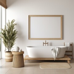 Bohemian or minimalist style bathroom with empty picture frames on the wall in the room with light wooden furniture. Make the room look bright and decorate it with white or cream tones.