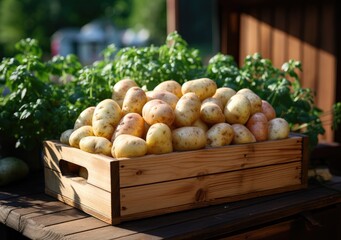 Young farmer with freshly picked Potatoes in basket. Hand holding wooden box with vegetables in field. Fresh Organic Vegetable. AI Generative.