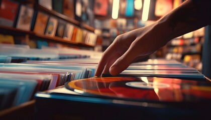 Close-up of a man with a vinyl record in a record store

