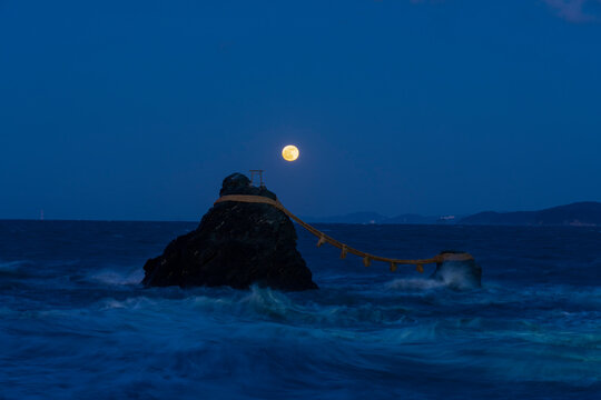 Husband and Wife Rocks and full moon, Japan,Mie Prefecture,Ise city