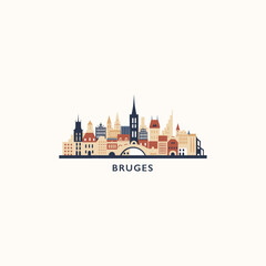 Naklejka premium Belgium Bruges cityscape skyline city panorama vector flat modern logo icon. West Flanders region emblem idea with landmarks and building silhouettes, isolated black and white clipart