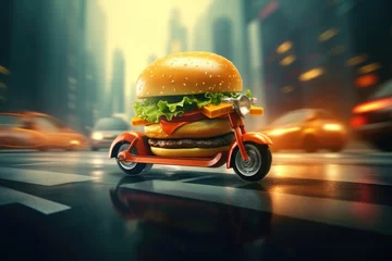 Poster Burger delivery. Fast hamburger car. Cheeseburger as fast food car. Hamburger driving on the road. Fast food concept © Mr. Muzammil