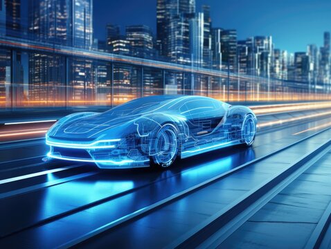 car or vehicle open headlamp parked in futuristic modern concept. Future transportation. Futuristic autonomous car. Driverless autonomous vehicle. Self-driving car technology. AI Generative. - Powered by Adobe