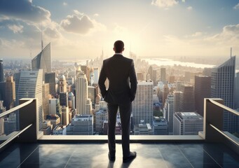 Fototapeta premium Business and Successful concept, Young successful business man with city background. looking forward to city building. AI Generative.