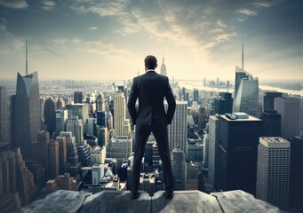 Business and Successful concept, Young successful business man with city background. looking forward to city building. AI Generative.