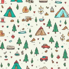 Foto op Plexiglas Bergen Cute hand drawn seamless pattern with camping doodles, tents, landscape and trails, great for textiles, banners, wallpapers. AI Generative.