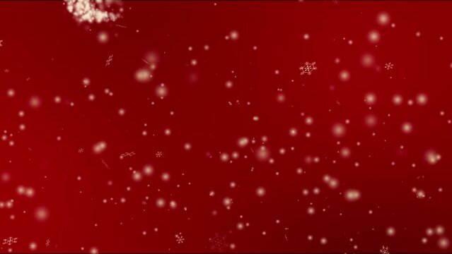 Snowflake and snow falling from above red background for festive Christmas holiday and flashing light movement Merry Christmas text.