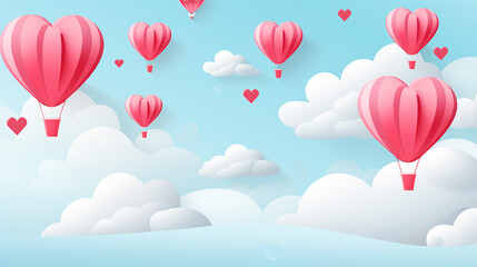 paper cut happy valentine's day concept. landscape with cloud and heart shape hot air balloons flying on blue sky background paper art style.