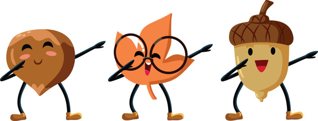 Cartoon Chestnut, Leaf and Acorn Characters Dancing Together in Autumn. Happy cheerful symbols of autumn dabbing having fun  © nicoletaionescu