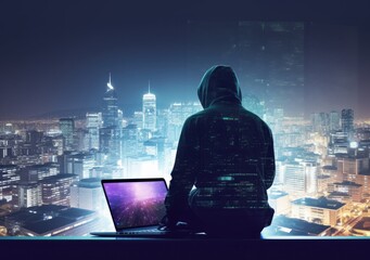 Hacker man with anonymous mask using laptop to hacking in the top building. AI Generative.