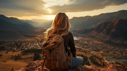 Fototapeta na wymiar On the summit of the mountain, a young woman tourist enjoying the sunset. A traveler against a mountainous backdrop..