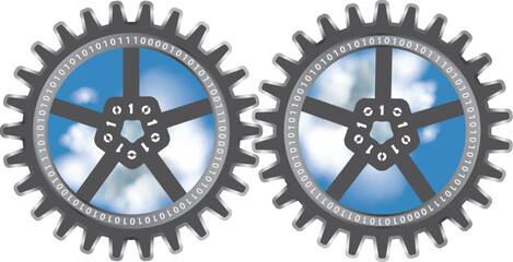 Cloud computing concept with clouds in the sky within gears. Interaction between services 