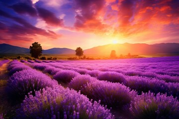 Stunning sunrise over lavender field with purple flower backdrop and fragrant violet plants in full bloom. Generative AI