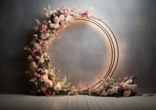 floral hoop digital backdrops. shoot set up with prop Flower and wood backdrop. AI Generative.