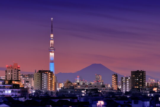 Mt. Fuji and Tokyo Sky Tree at night, Japan,Chiba Prefecture,Ichikawa, Chiba