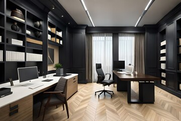 Luxury design of CEO office interior with original office desk, empty canvas, stylish black shelves, wood floor and parquet floor. Mock up. Concept of working place. 3d rendering - obrazy, fototapety, plakaty
