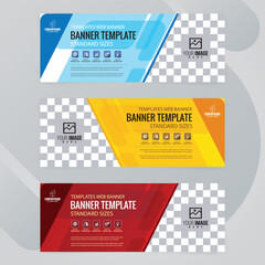 Set of Blue with yellow and red Web banners templates, Coverpage Standard sizes with space. Vector illustration