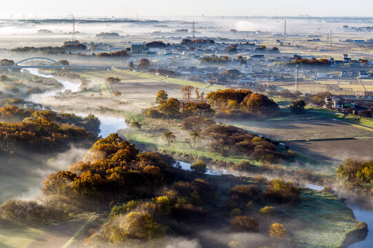 Kogai River Fureai Park and surrounding sea of clouds, Japan,Ibaraki Prefecture,Shimotsuma city