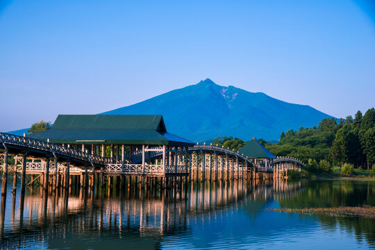 Tsuru no mai hashi bridge and Mt. Iwaki, Japan,Aomori Prefecture,Kitatsugaru District, Aomori,Tsuruta, Aomori