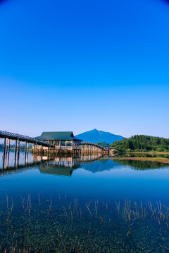 Tsuru no mai hashi bridge and Mt. Iwaki, Japan,Aomori Prefecture,Kitatsugaru District, Aomori,Tsuruta, Aomori