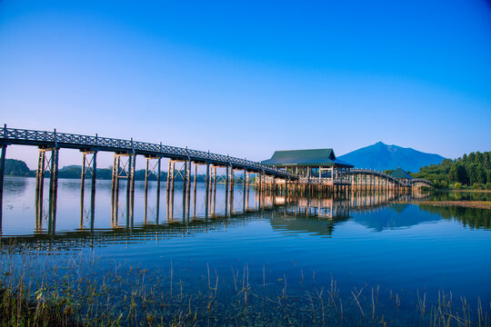 Tsuru no mai hashi bridge and Mt. Iwaki, Japan,Aomori Prefecture,Kitatsugaru District, Aomori,Tsuruta, Aomori