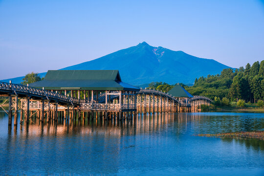 Tsuru no mai hashi bridge and Mt. Iwaki, Japan,Aomori Prefecture,Kitatsugaru District, Aomori,Tsuruta, Aomori