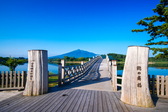 Tsuru no mai hashi bridge and Mt. Iwaki, Japan,Aomori Prefecture,Kitatsugaru District, Aomori,Tsuruta, Aomori