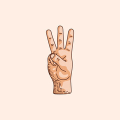 W letter logo in a deaf-mute hand gesture alphabet. Hand drawn vector illustration isolated on brown background.