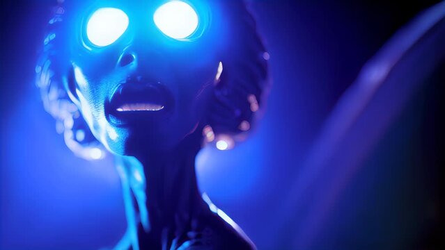 Blue Alien screams in the camera. UFO creature with big neon eyes and opened mouth. Thriller humanoid with blue skin and creepy facial features. Spaceship monster in the far far away galaxy