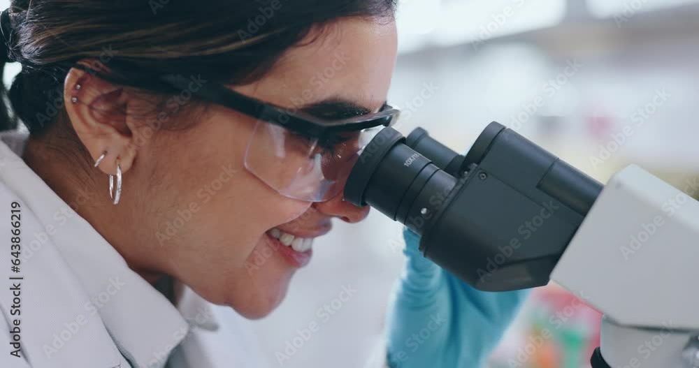 Poster happy woman, scientist and microscope in forensic, analysis or data in new discovery or research. cl