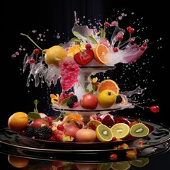 Fruit burst. Splash of juice. Sweet tropical fruits and mixed berries. AI Generative.
