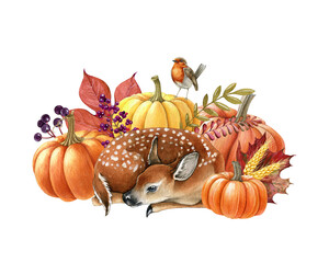 Autumn decoration from bright pumpkins, flowers, forest animals. Watercolor illustration. Fawn surrounded with orange pumpkins, autumn flowers and fallen leaves decoration. Fall mood cozy arrangement