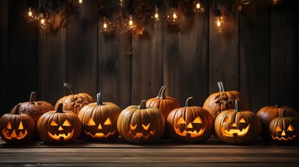Fototapeta premium In the wooden background is a jack-o-lantern with a Halloween pumpkin head..