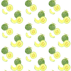 メロンのシームレスパターン　手描き水彩イラストの果物柄