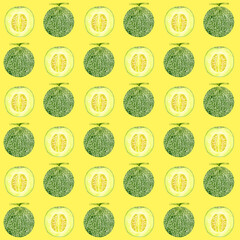 メロンのシームレスパターン　手描き水彩イラストの果物柄