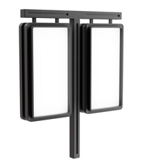 Blank advertisement signs isolated on white background. mockup of street store template signboard , Metal cafe restaurant bar plastic badge black white, 3D illustration.