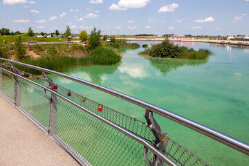 View of the fence of the bridge over Lake Asperner in Vienna