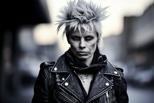 A middle-aged female in a punk rocker style. She has blonde spikey hair and a gritty look. Rebel without a cause.