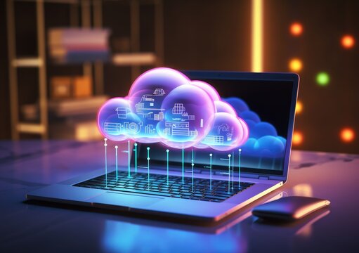neon light showing cloud computing on tablet computer. neon light showing cloud computing on tablet computer. AI Generative.