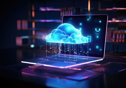 neon light showing cloud computing on tablet computer. neon light showing cloud computing on tablet computer. AI Generative.