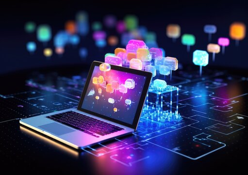 neon light showing cloud computing on tablet computer. neon light showing cloud computing on tablet computer. AI Generative.