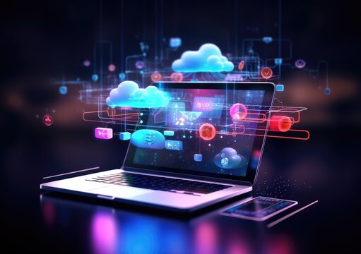 neon light showing cloud computing on tablet computer. neon light showing cloud computing on tablet computer. AI Generative.