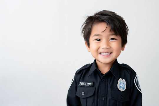 smiling asian boy dressed as Police