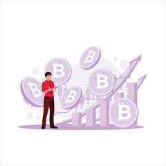 Bitcoin hovers above the chart in front of a stock trader. Investment money. Trend Modern vector flat illustration