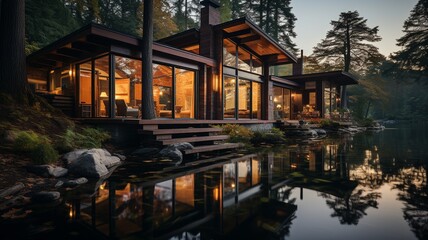 The picture depicts a serene lakeside refuge with a wooden home surrounded by a lake's placid waters, exuding peace and tranquillity. .